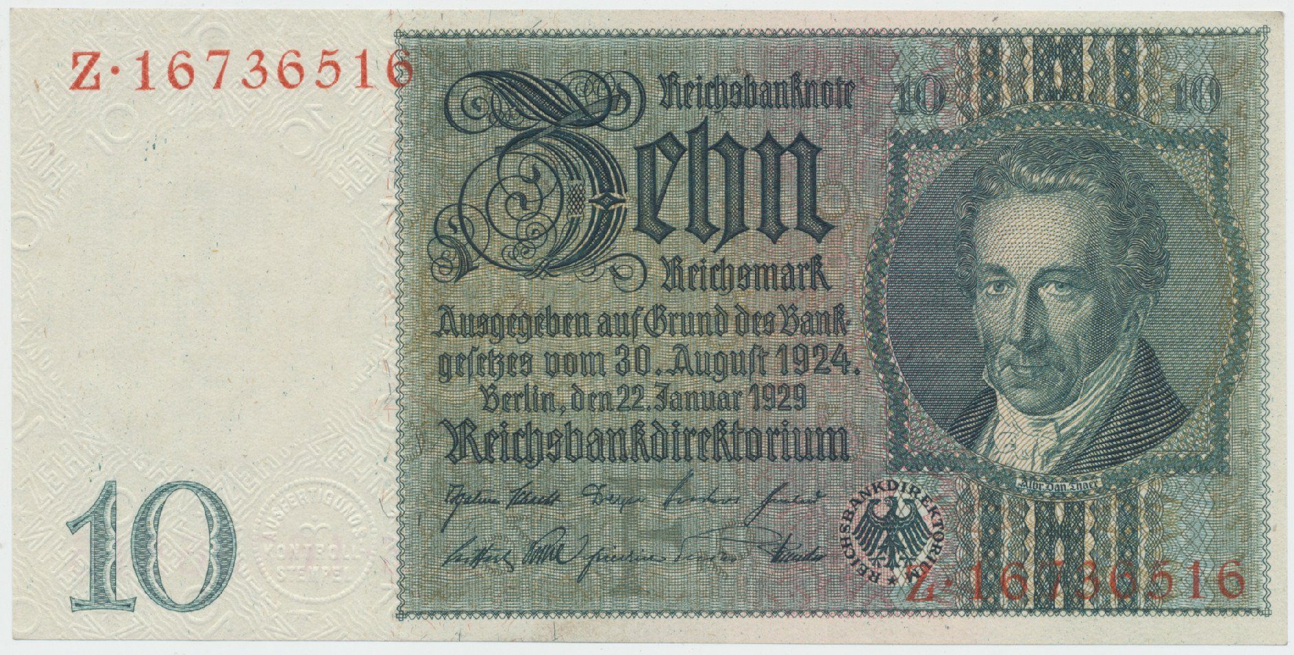 Německo, 10 Reichsmark 1929, typ H/H, poslední série Z, Hej.D2a