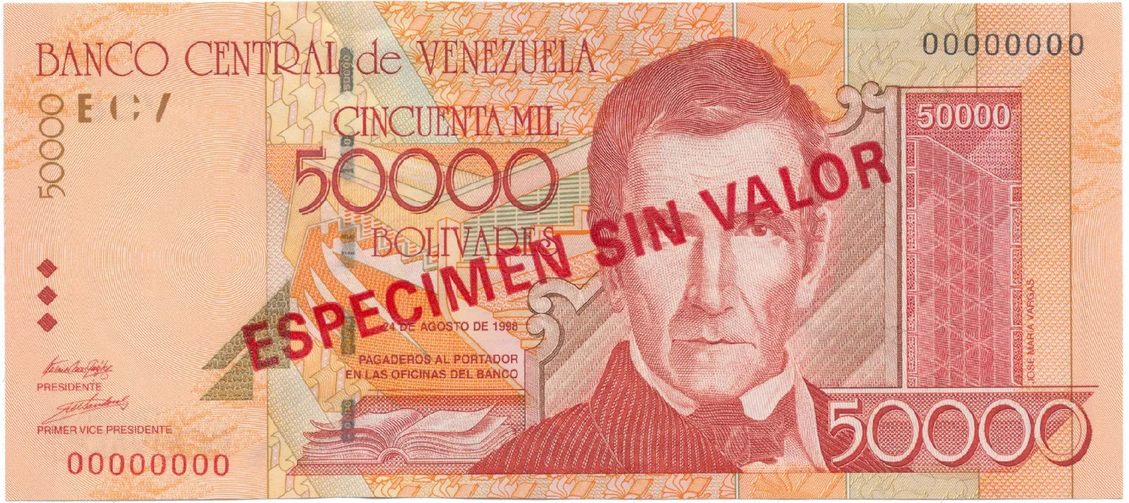 Venezuela, 50.000 Bolivares 1998, anulát - ESPECIMEN SIN VALOR, P.83s