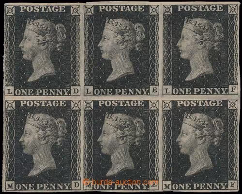 1840 SG.2, Penny Black černá, 6-blok, čistý, poštovně nepoužitý, písmena LD-MF z TD 11 (!); obvyklé původní lomy, v levé
