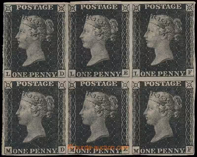 1840 SG.2, Penny Black černá, 6-blok, čistý, poštovně nepoužitý, písmena LD-MF z TD 11 (!); obvyklé původní lomy, v levé