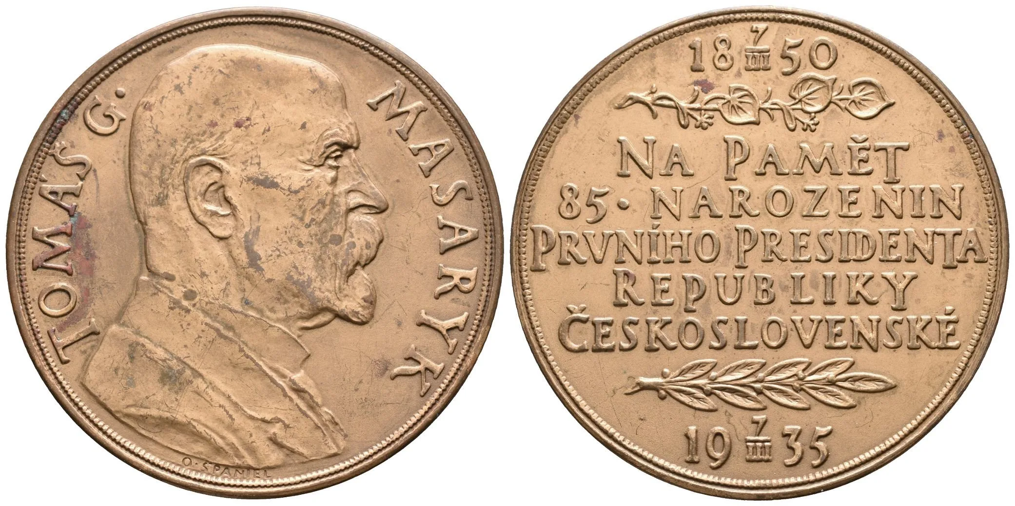 AE Medaile 1935 - K 85. narozeninám T. G. Masaryka. Poprsí T. G. Masaryka zprava, — 1