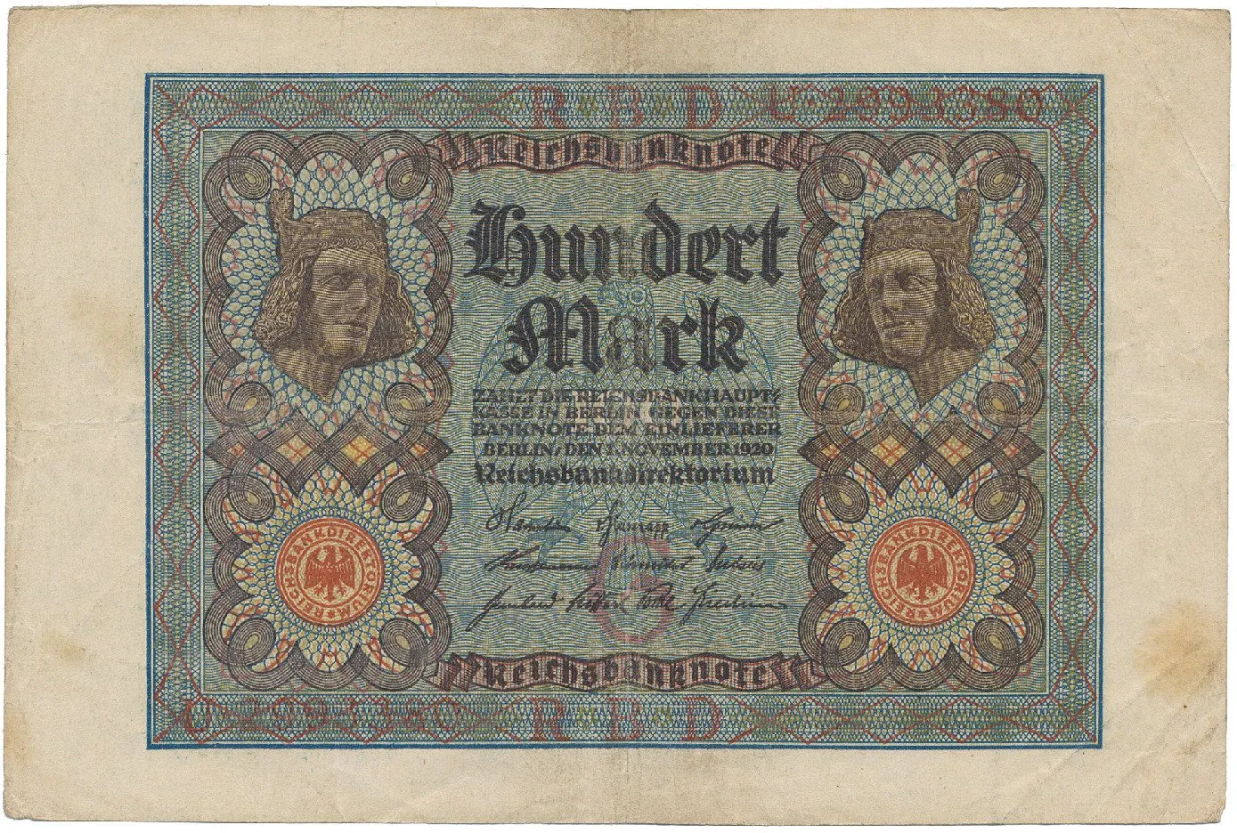 Německo, 100 Mark 1920, 7-místný číslovač, Ro.67a