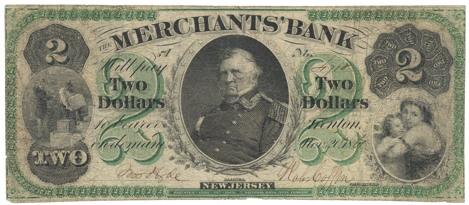 USA, New Jersey, Trenton, The Merchants Bank, 2 Dollars 20. 11. 1860
