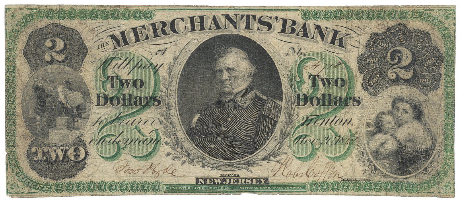 USA, New Jersey, Trenton, The Merchants Bank, 2 Dollars 20. 11. 1860