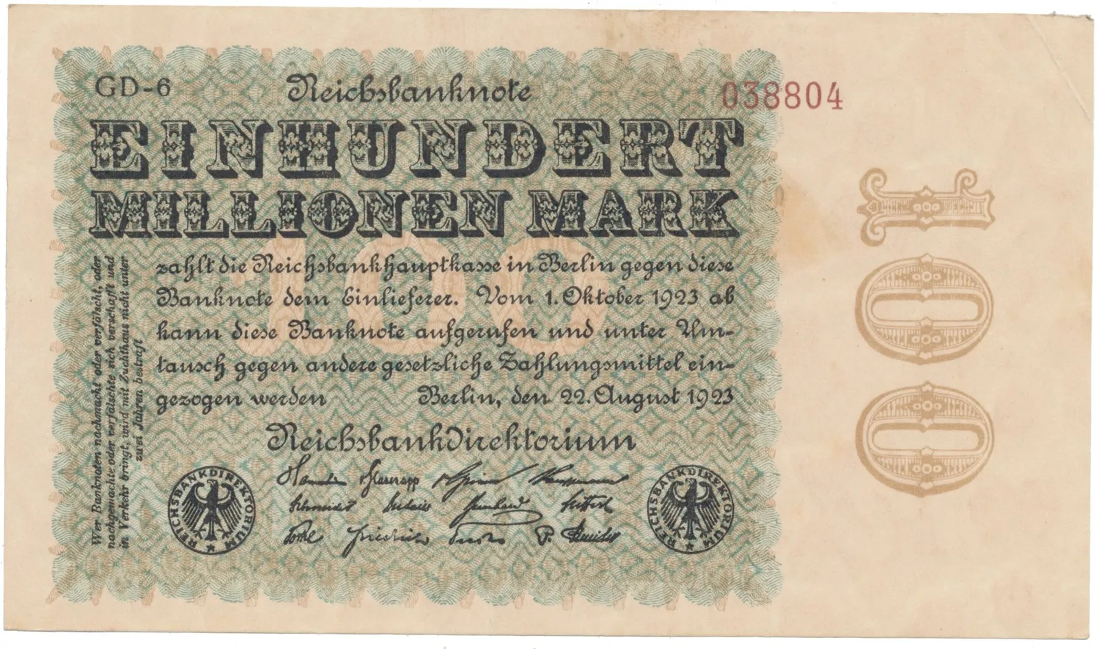 Německo, 100 Millionen Mark 1923, Sterne, Ro.106u