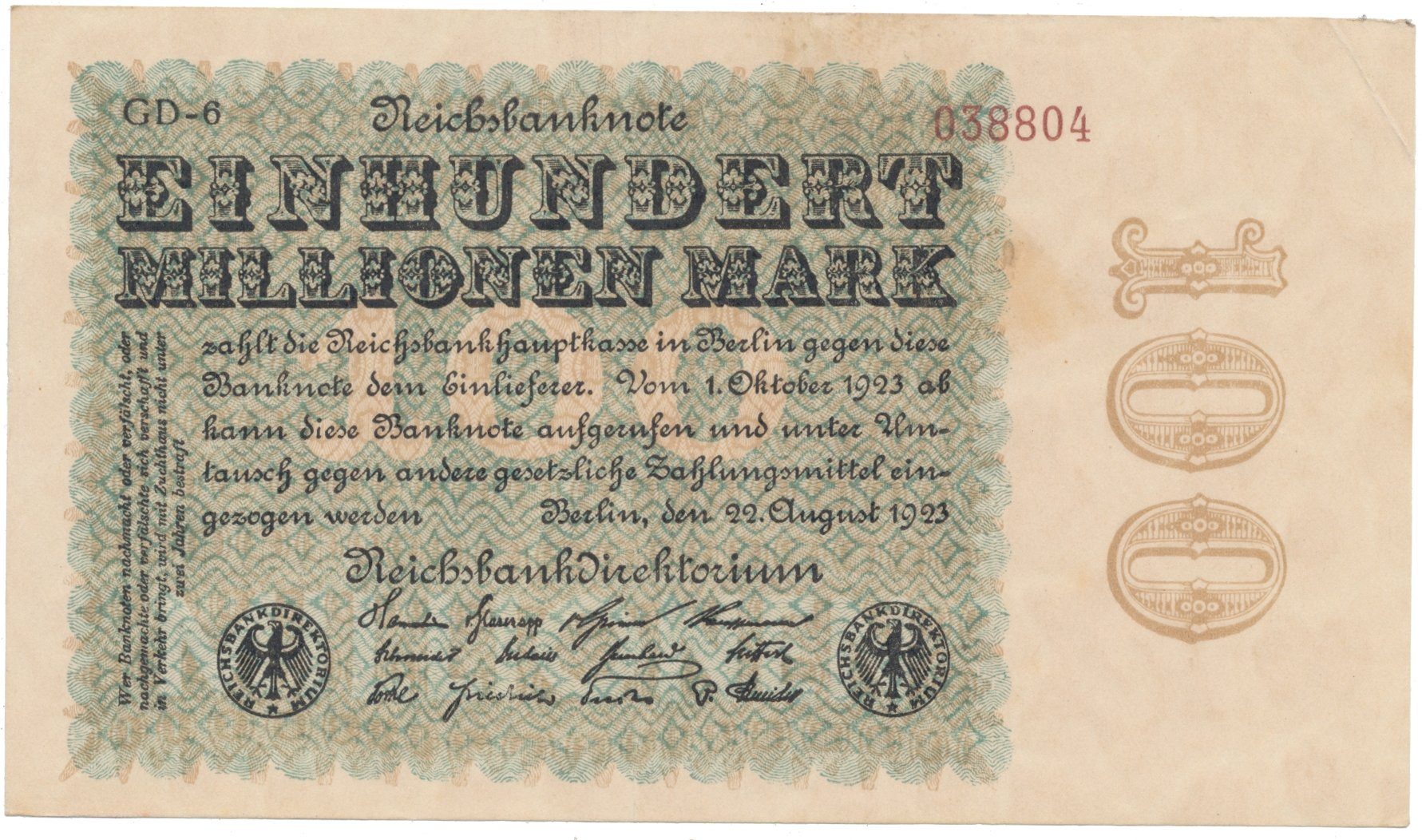 Německo, 100 Millionen Mark 1923, Sterne, Ro.106u