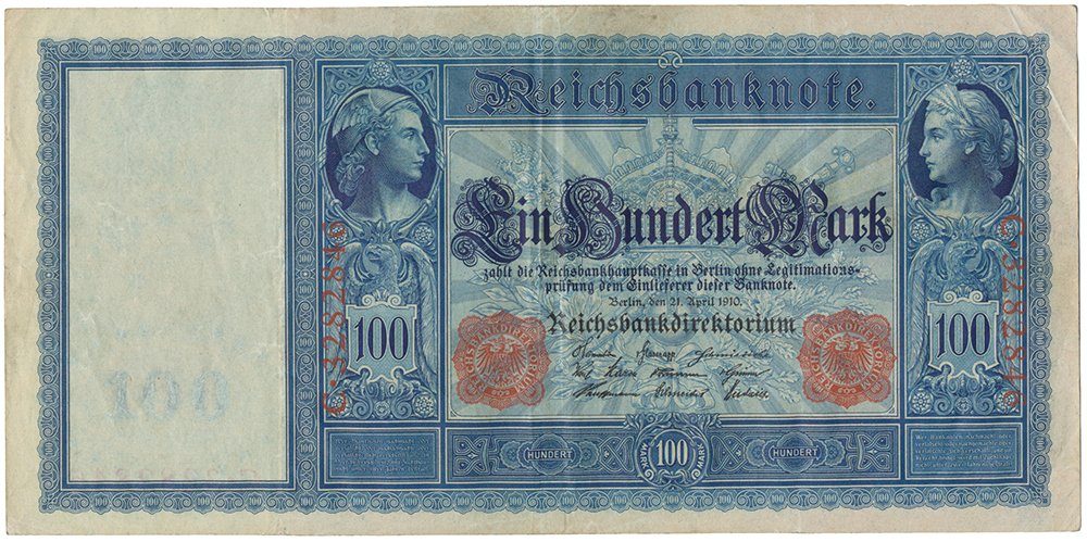 Německo, 100 Mark 1910, červený číslovač, bílý papír, Ro.43a