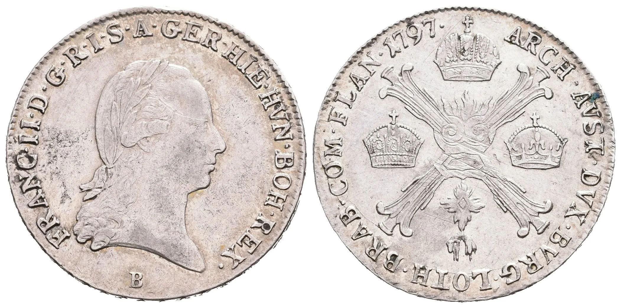 1/4 Tolar křížový 1797 B, Kremnica, patina, zbytky lesku, just. a rysky — 1