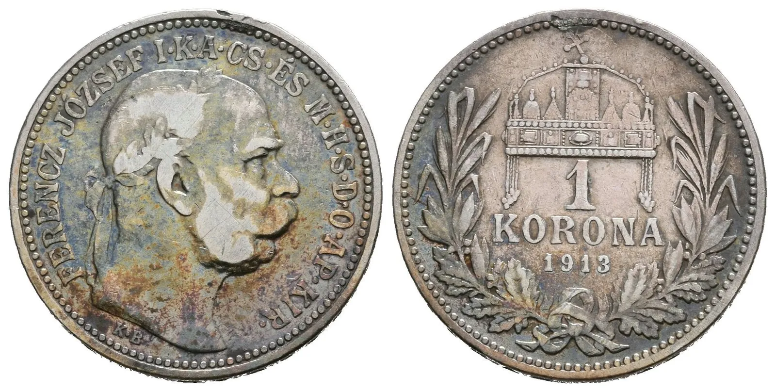 1 Koruna 1913 KB, patina, škr., zbytky lesku, m.o._RR! — 1