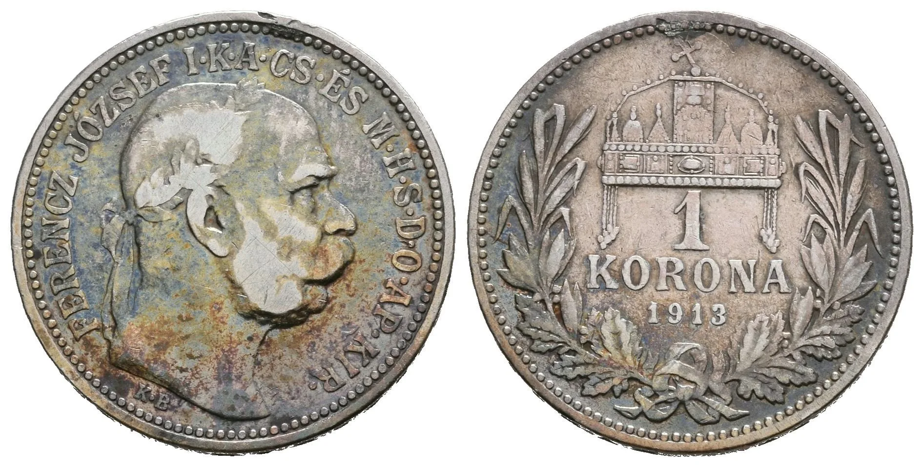 1 Koruna 1913 KB, patina, škr., zbytky lesku, m.o._RR! — 1