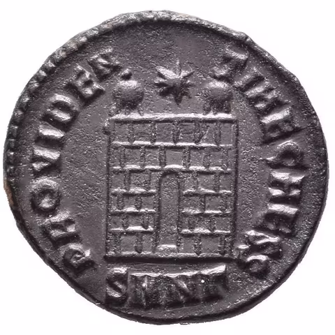 AE 3, Nicomedia, 317-320, Rv: PROVIDENTIAE CAESS, táborová brána se dvěma