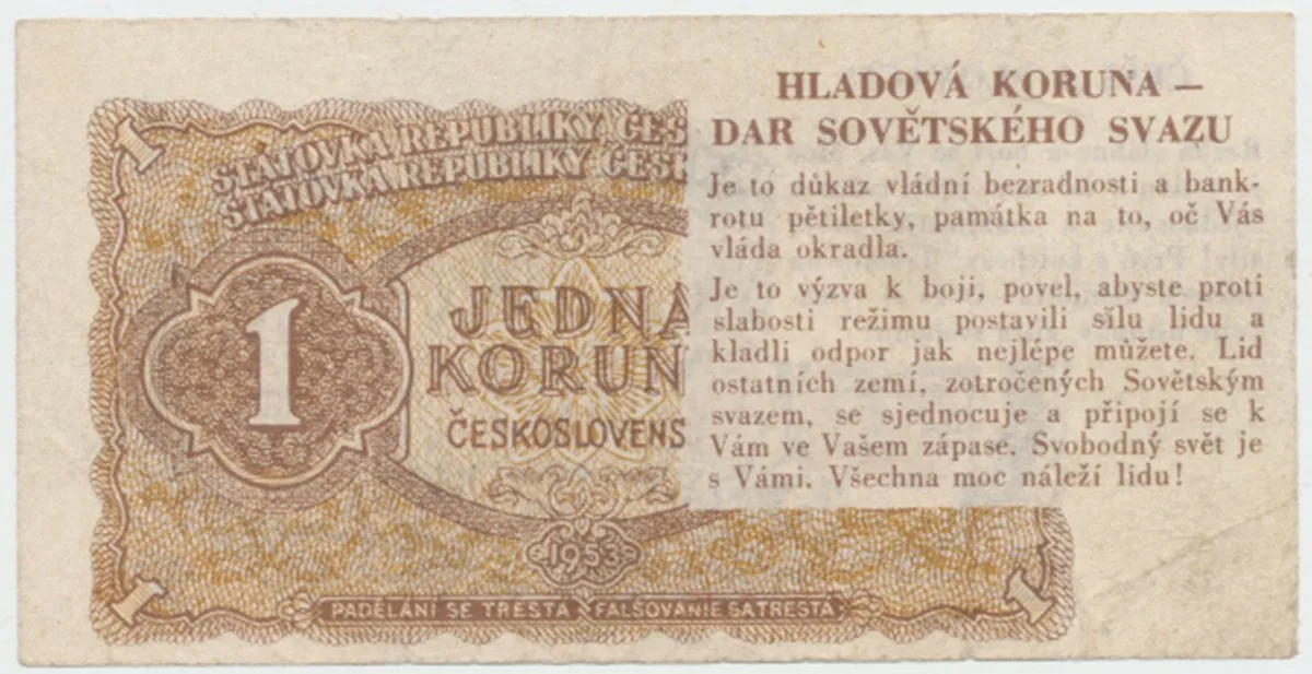 Československo, 1 Koruna 1953, Hladová koruna - politická propaganda, Hej.89.HK