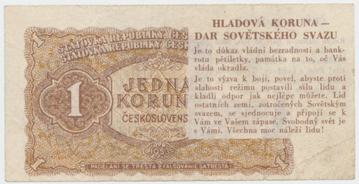Československo, 1 Koruna 1953, Hladová koruna - politická propaganda, Hej.89.HK