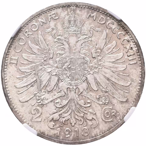 2 Koruna 1913, etue NGC, hodnocení MS 64, luxusní zachovalost, ražební lesk