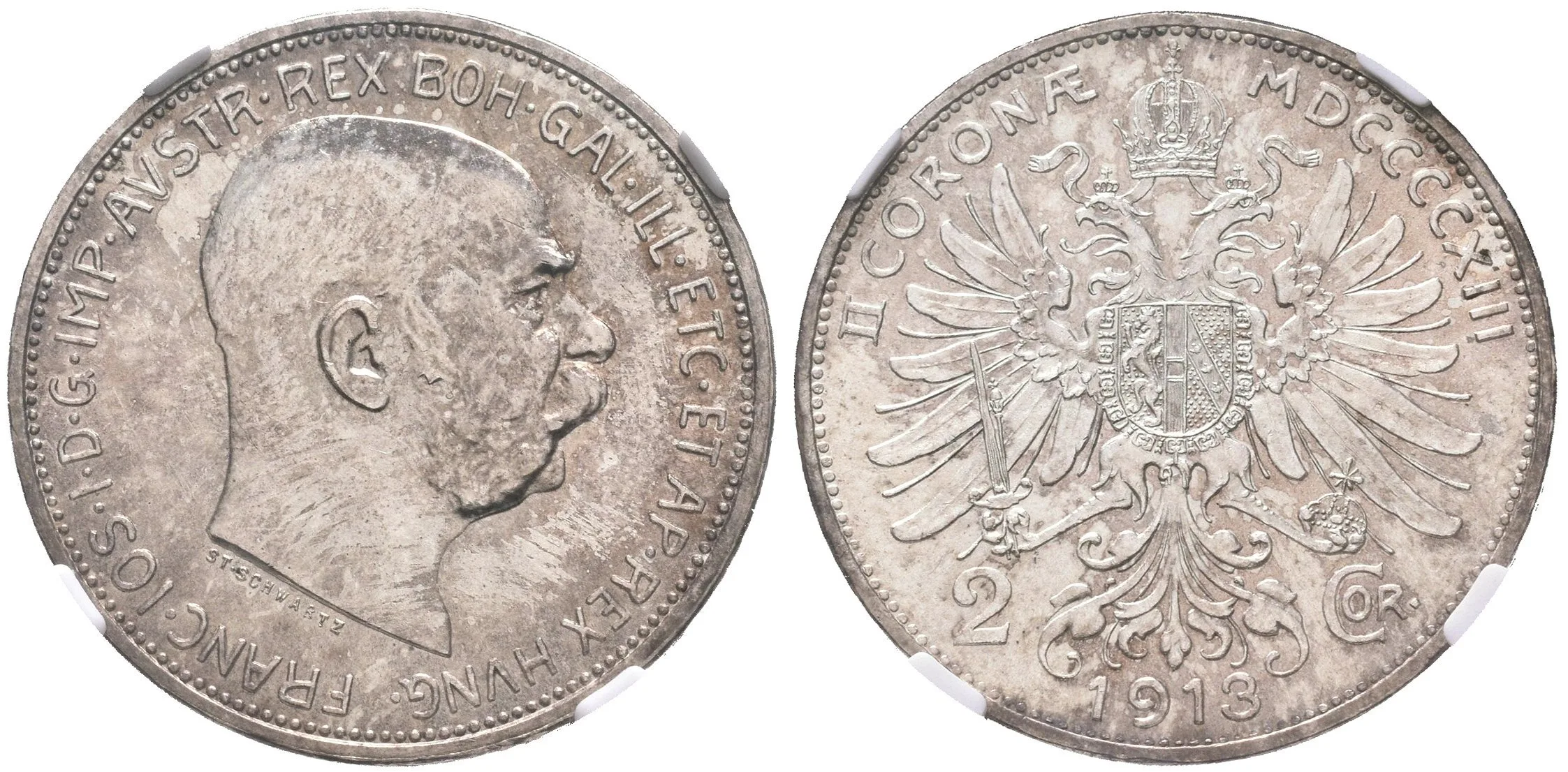 2 Koruna 1913, etue NGC, hodnocení MS 64, luxusní zachovalost, ražební lesk — 1