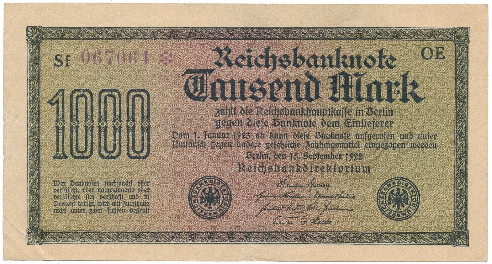 Německo, 1000 Mark 1922, vod. Kreuzblütten, fialové číslo, Ro.75k