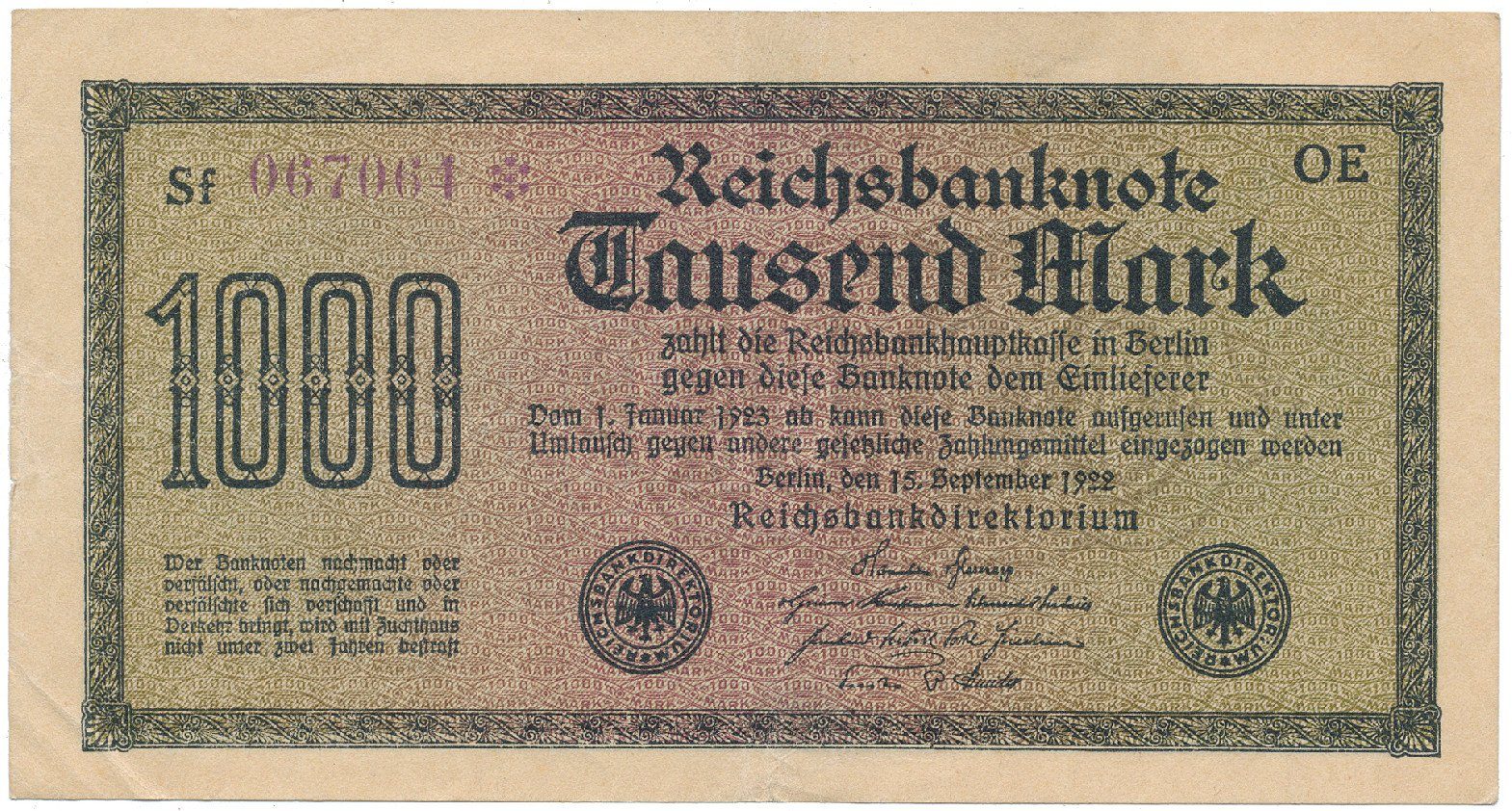 Německo, 1000 Mark 1922, vod. Kreuzblütten, fialové číslo, Ro.75k