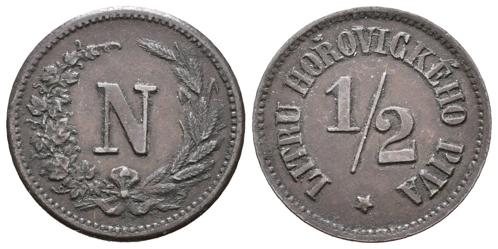 Hořovice - František Josef Nejedlý, známka na 1/2 litru piva. Cu 20 mm, — 1