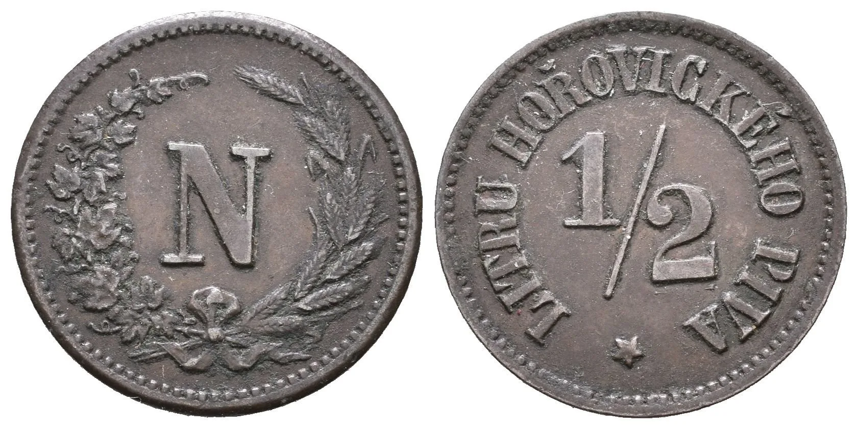 Hořovice - František Josef Nejedlý, známka na 1/2 litru piva. Cu 20 mm, — 1