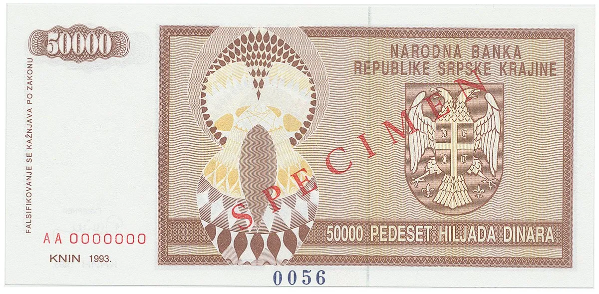 Chorvatsko - Srbská Krajina, 50.000 Dinara 1993, bankovní vzor, AA 0000000, přet. SPECIMEN, P.R8s
