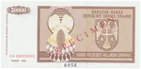 Chorvatsko - Srbská Krajina, 50.000 Dinara 1993, bankovní vzor, AA 0000000, přet. SPECIMEN, P.R8s