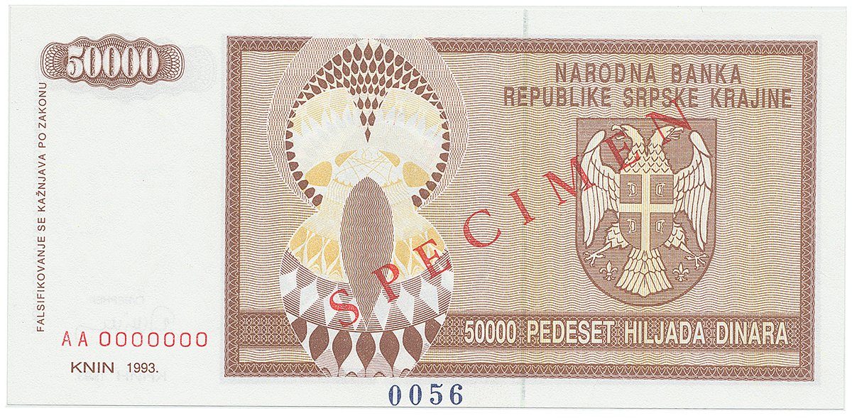 Chorvatsko - Srbská Krajina, 50.000 Dinara 1993, bankovní vzor, AA 0000000, přet. SPECIMEN, P.R8s
