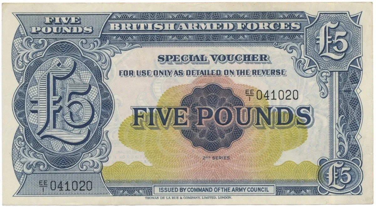 Velká Británie, 5 Pounds (1948), BAF - vojenské vydání, P.M23