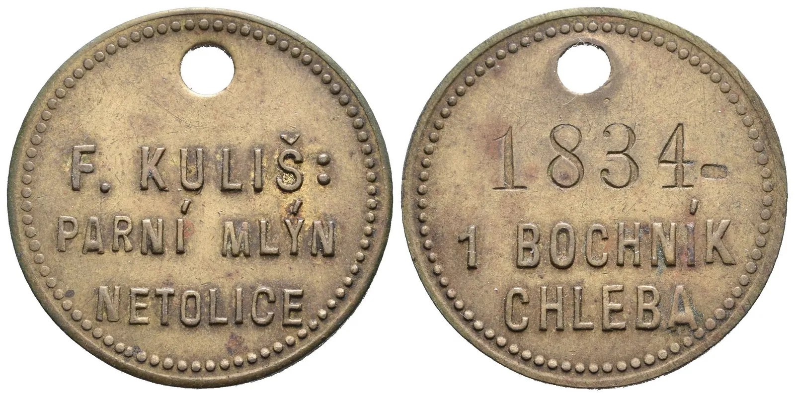 Netolice - Parní Mlýn F. Kuliš, známka na 1 bochník chleba. Ms 30 mm, — 1