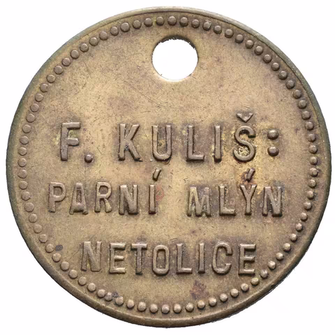 Netolice - Parní Mlýn F. Kuliš, známka na 1 bochník chleba. Ms 30 mm,