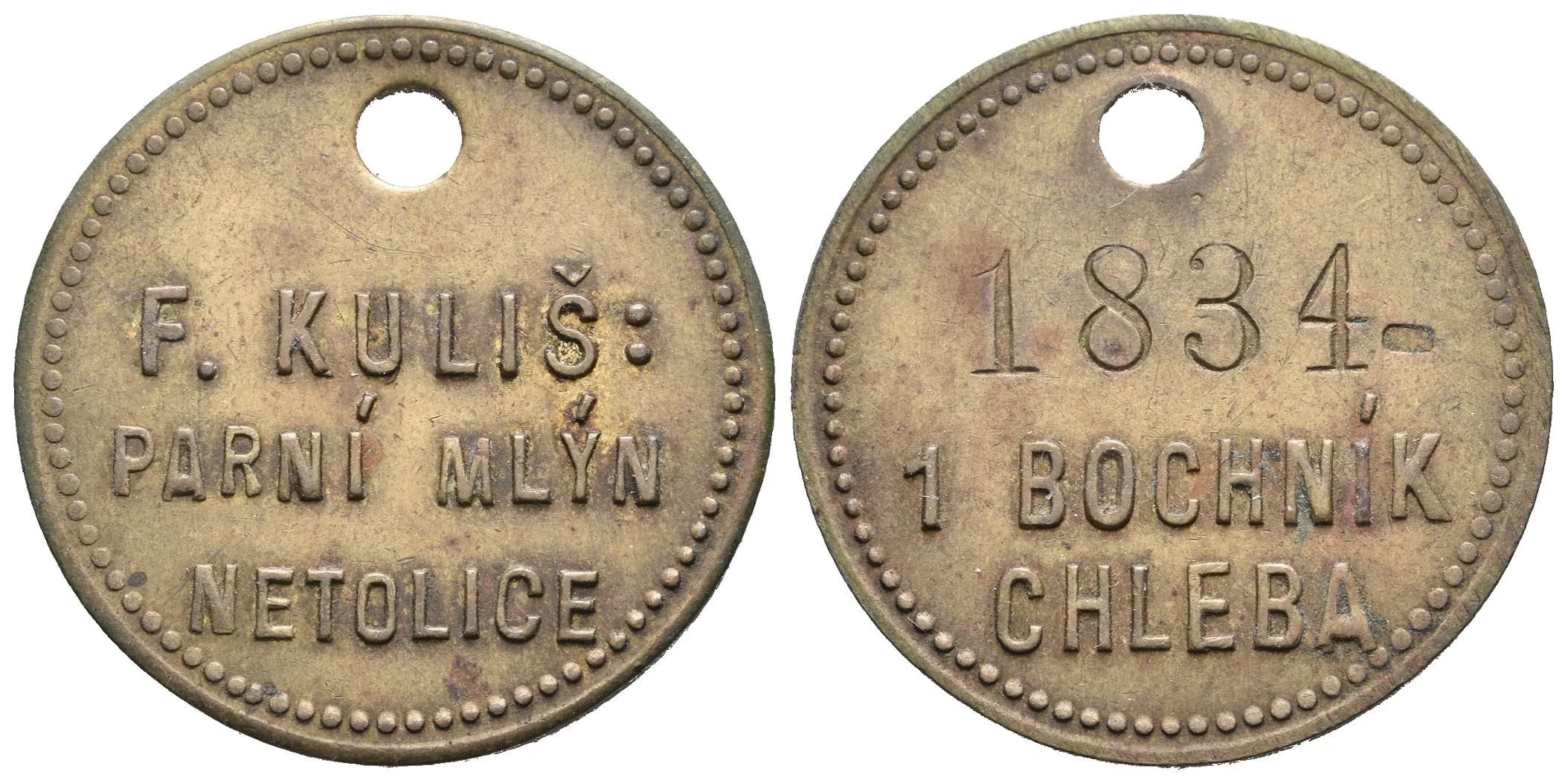 Netolice - Parní Mlýn F. Kuliš, známka na 1 bochník chleba. Ms 30 mm, — 1
