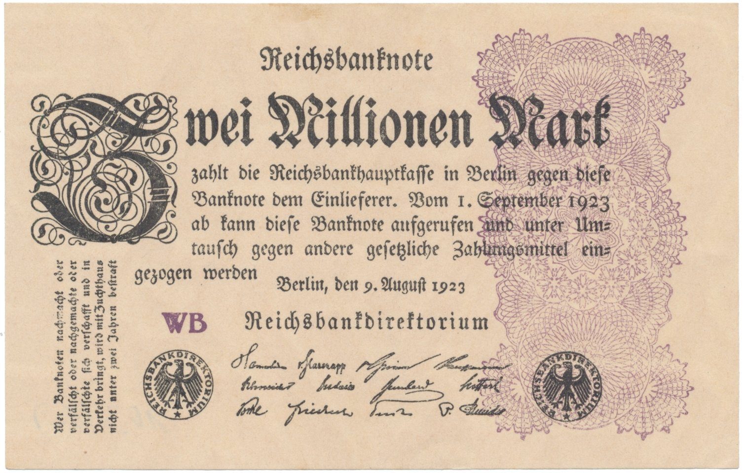 Německo, 2 Millionen Mark 1923, Ro.103a