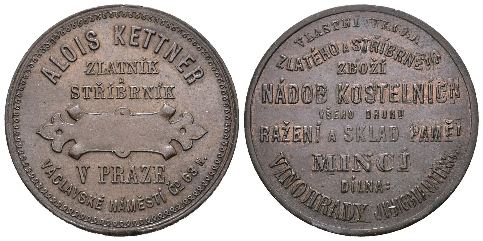 Praha - Alois Kettner, zlatník a stříbrník, reklamní žeton. Cu 30 mm — 1
