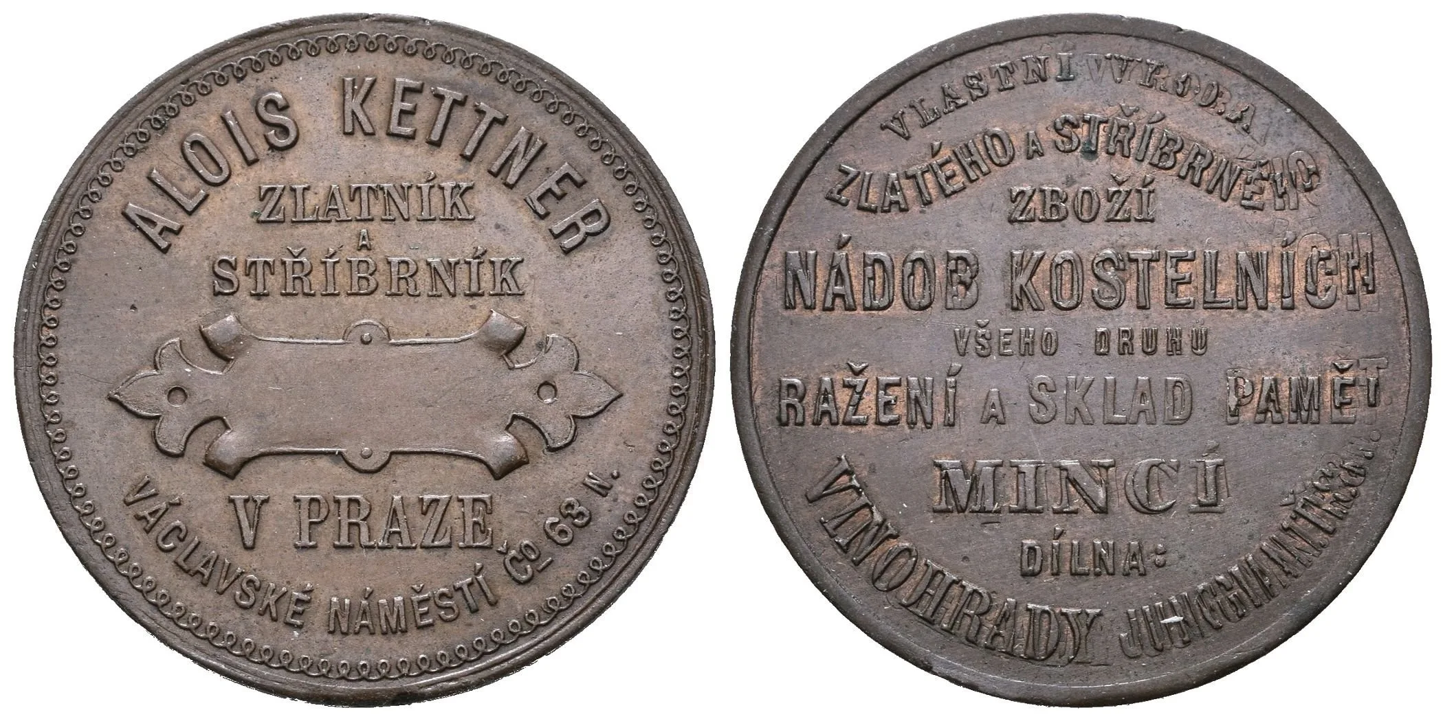 Praha - Alois Kettner, zlatník a stříbrník, reklamní žeton. Cu 30 mm — 1
