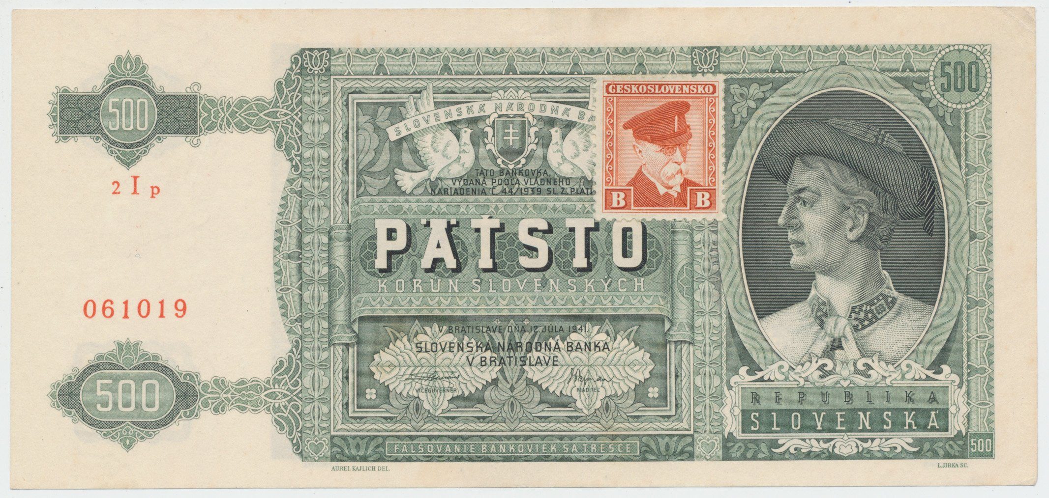 Československo, 500 Koruna 1941/1945, kolkovaná, Hej.64a