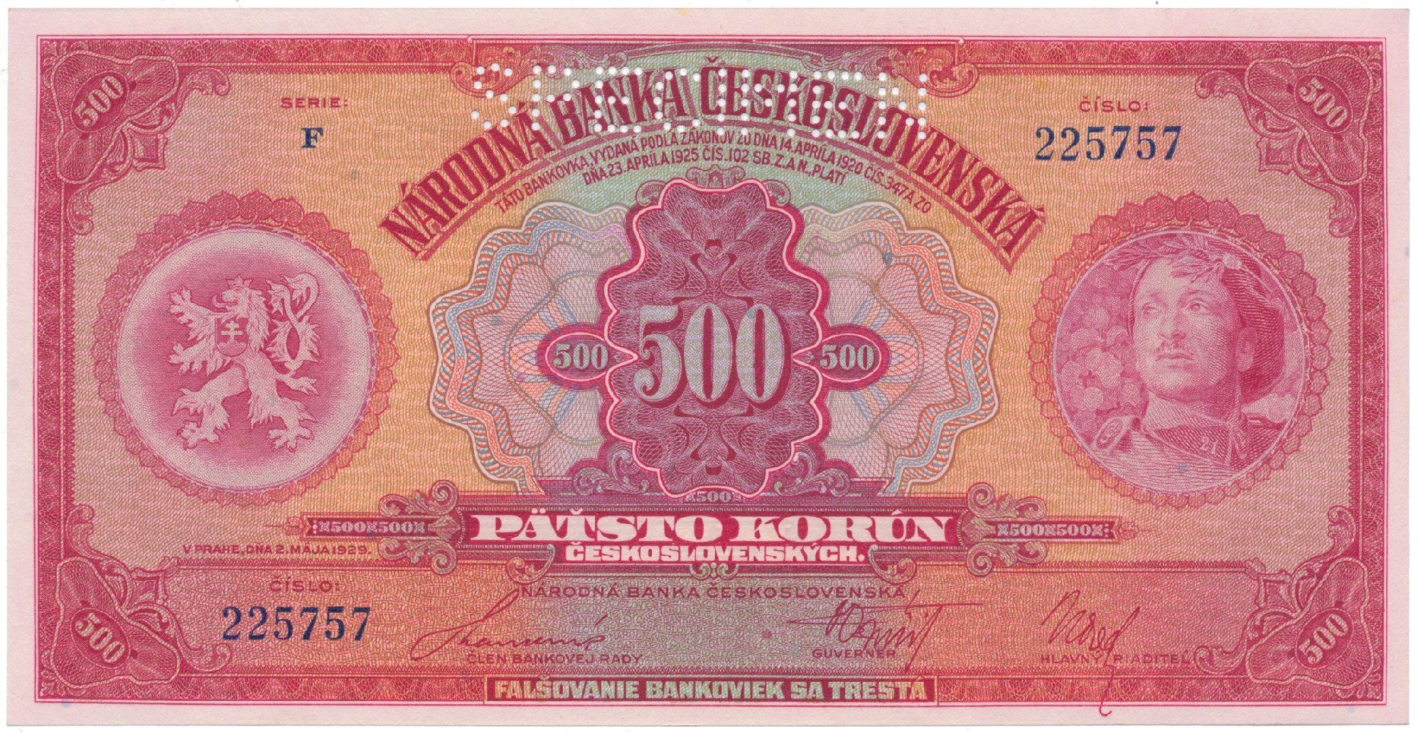 500 Koruna 1929, série F, SPECIMEN, Hej.23c.S1