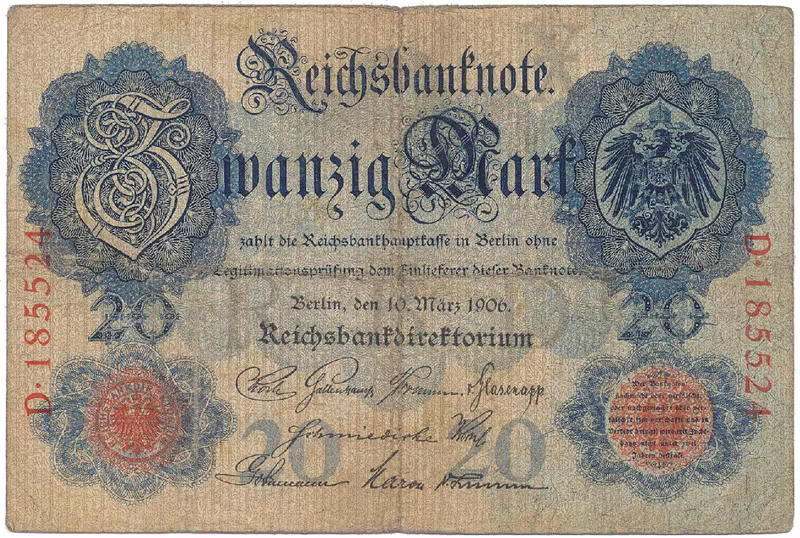 Německo, 20 Mark 1906, 6-místný číslovač, Ro.24a
