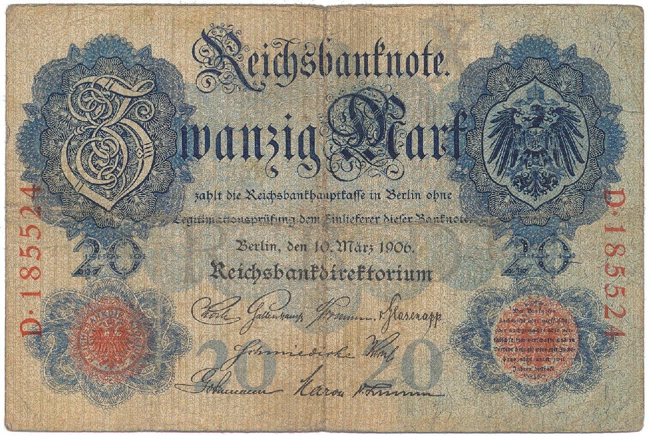 Německo, 20 Mark 1906, 6-místný číslovač, Ro.24a