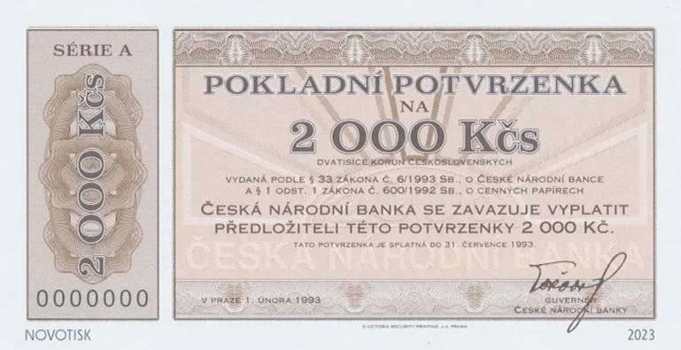 Česká republika, 2000 Kčs 1. 2. 1993, Hej.CZ1, součást kompletu novotisků vytištěných STC Praha, náklad 500 ks