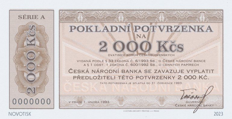 Česká republika, 2000 Kčs 1. 2. 1993, Hej.CZ1, součást kompletu novotisků vytištěných STC Praha, náklad 500 ks