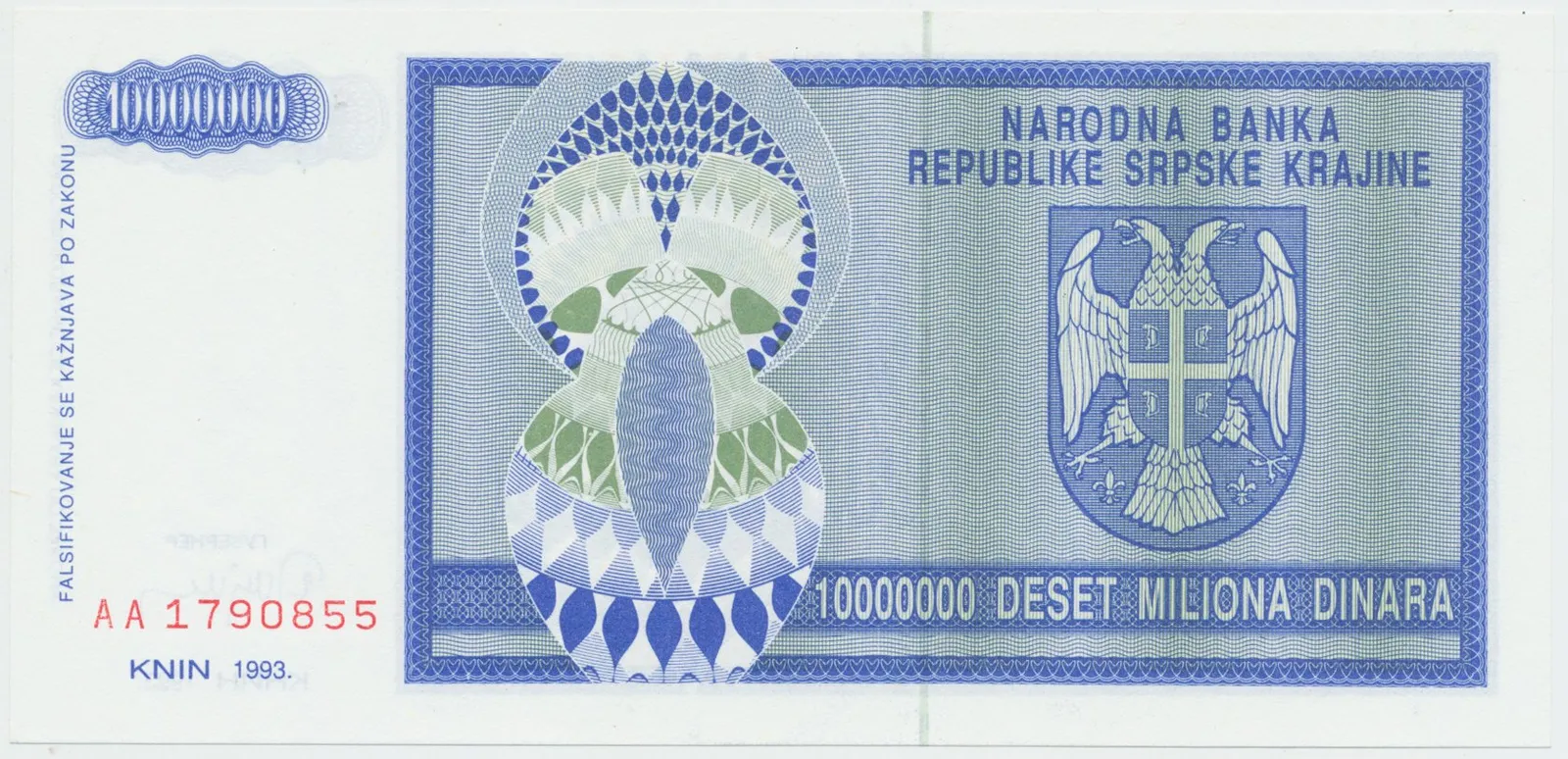 Chorvatsko - Srbská Krajina, 10.000.000 Dinara 1993, P.R12