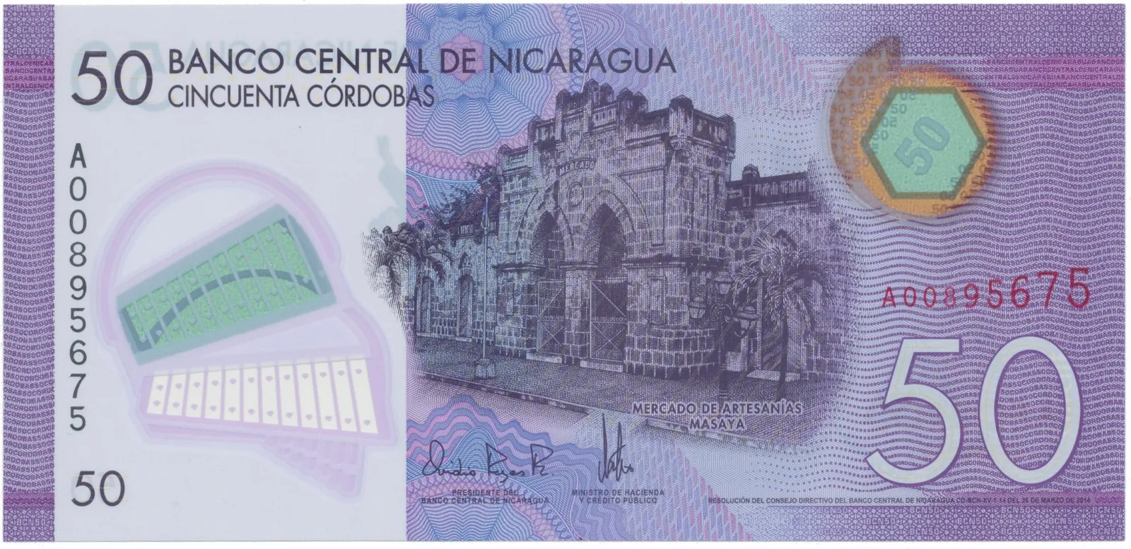 Nikaragua, 50 Cordobas 2014, plastová, P.211