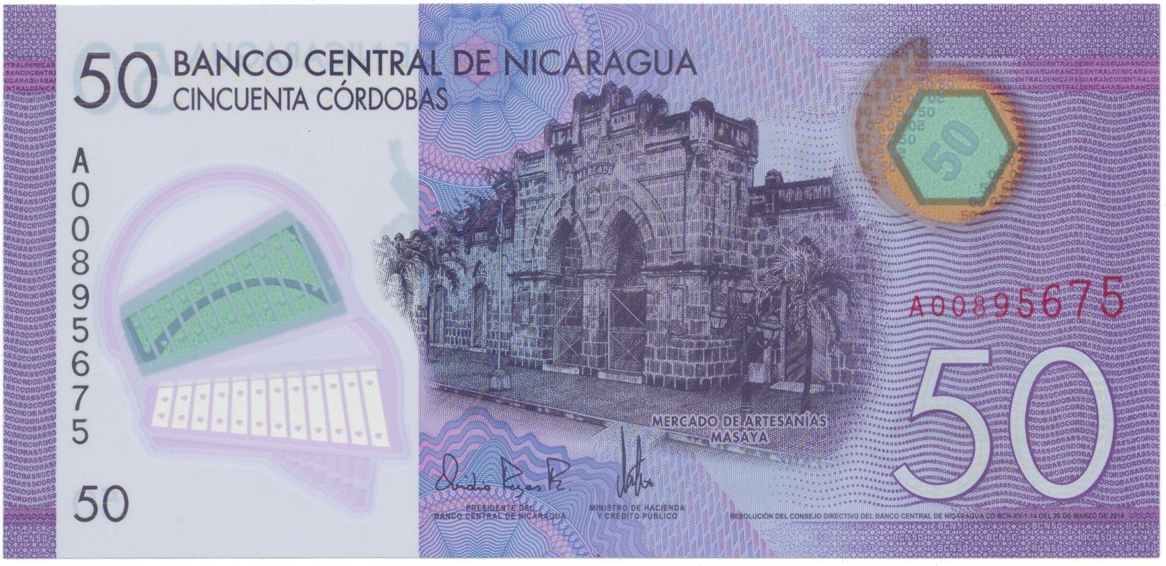 Nikaragua, 50 Cordobas 2014, plastová, P.211