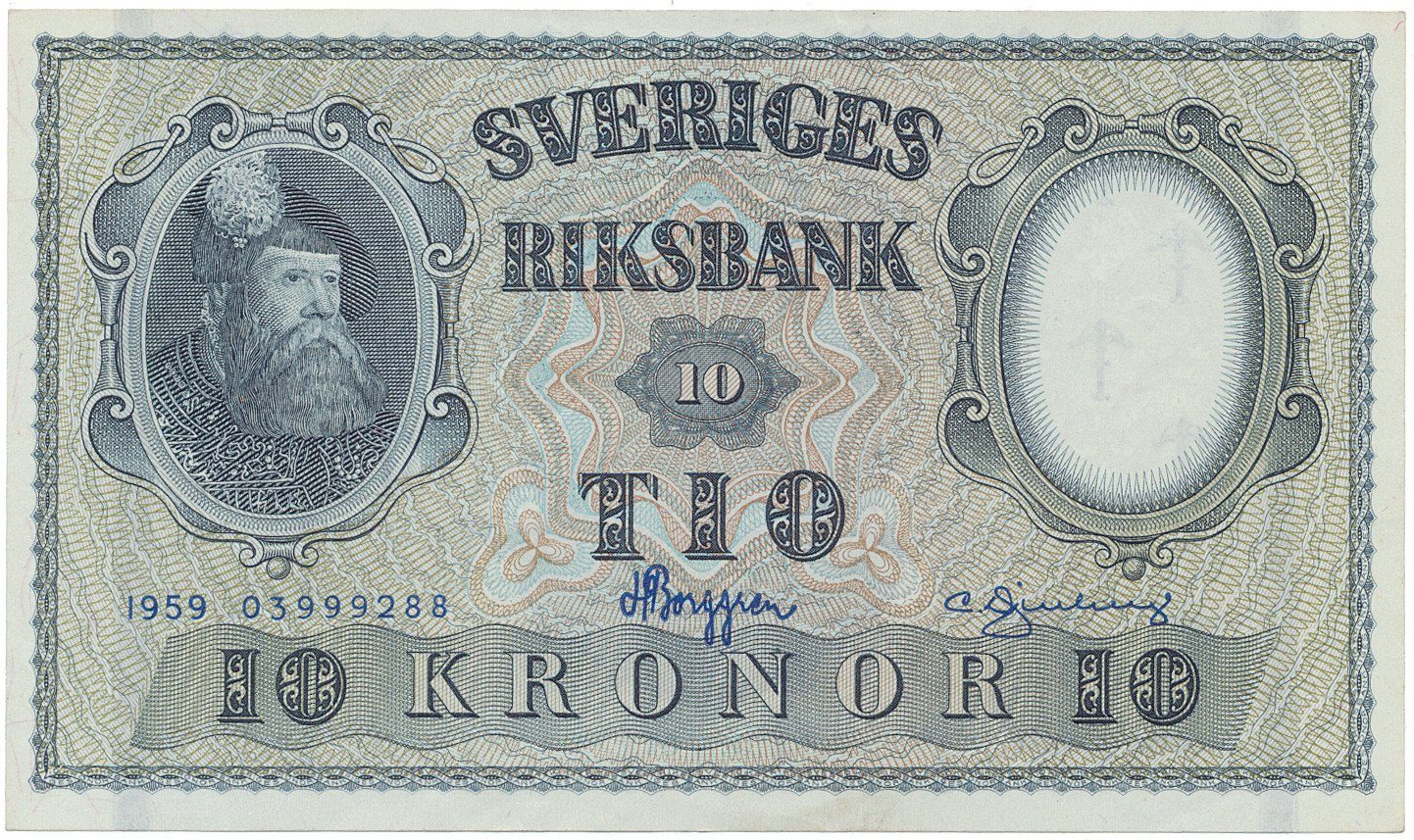 Švédsko, 10 Kronor 1959, modrý číslovač, P.43g