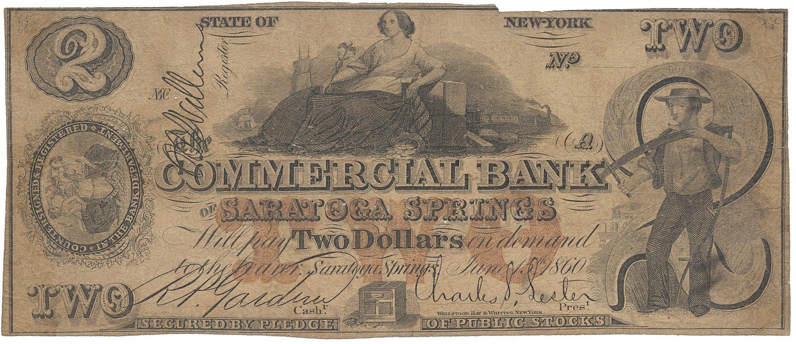 USA, New York, Saratoga Springs, The Commercial Bank of Saratoga Springs, 2 Dollars 15. 6. 1860