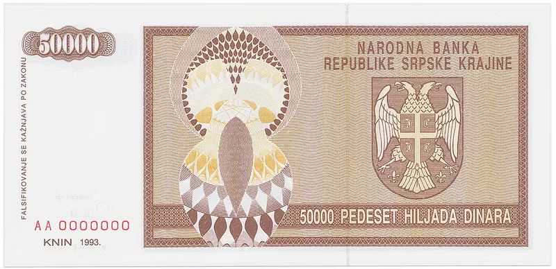 Chorvatsko - Srbská Krajina, 50.000 Dinara 1993, anulát, AA 0000000, P.R8