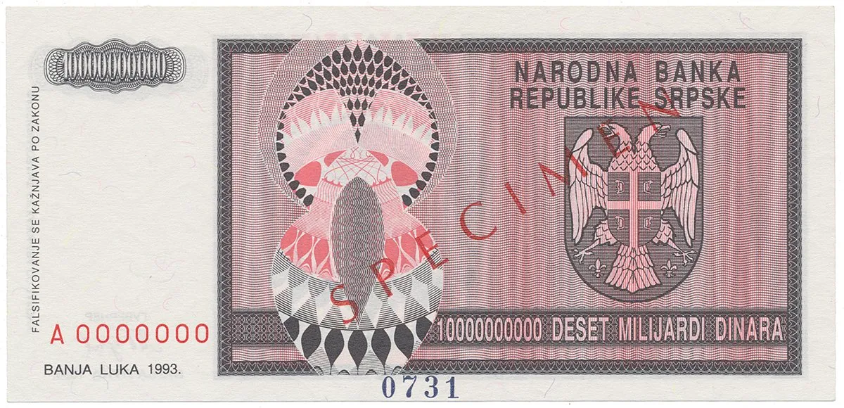 Bosna a Hercegovina, 10 Milijardi Dinara 1993, bankovní vzor, A 0000000, přet. SPECIMEN, P.148s