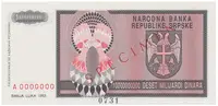 Bosna a Hercegovina, 10 Milijardi Dinara 1993, bankovní vzor, A 0000000, přet. SPECIMEN, P.148s