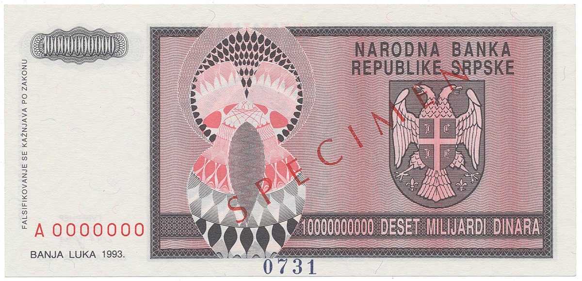 Bosna a Hercegovina, 10 Milijardi Dinara 1993, bankovní vzor, A 0000000, přet. SPECIMEN, P.148s