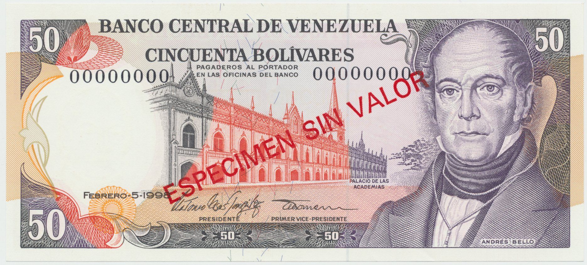Venezuela, 50 Bolivares 1998, anulát - ESPECIMEN SIN VALOR, P.65fs