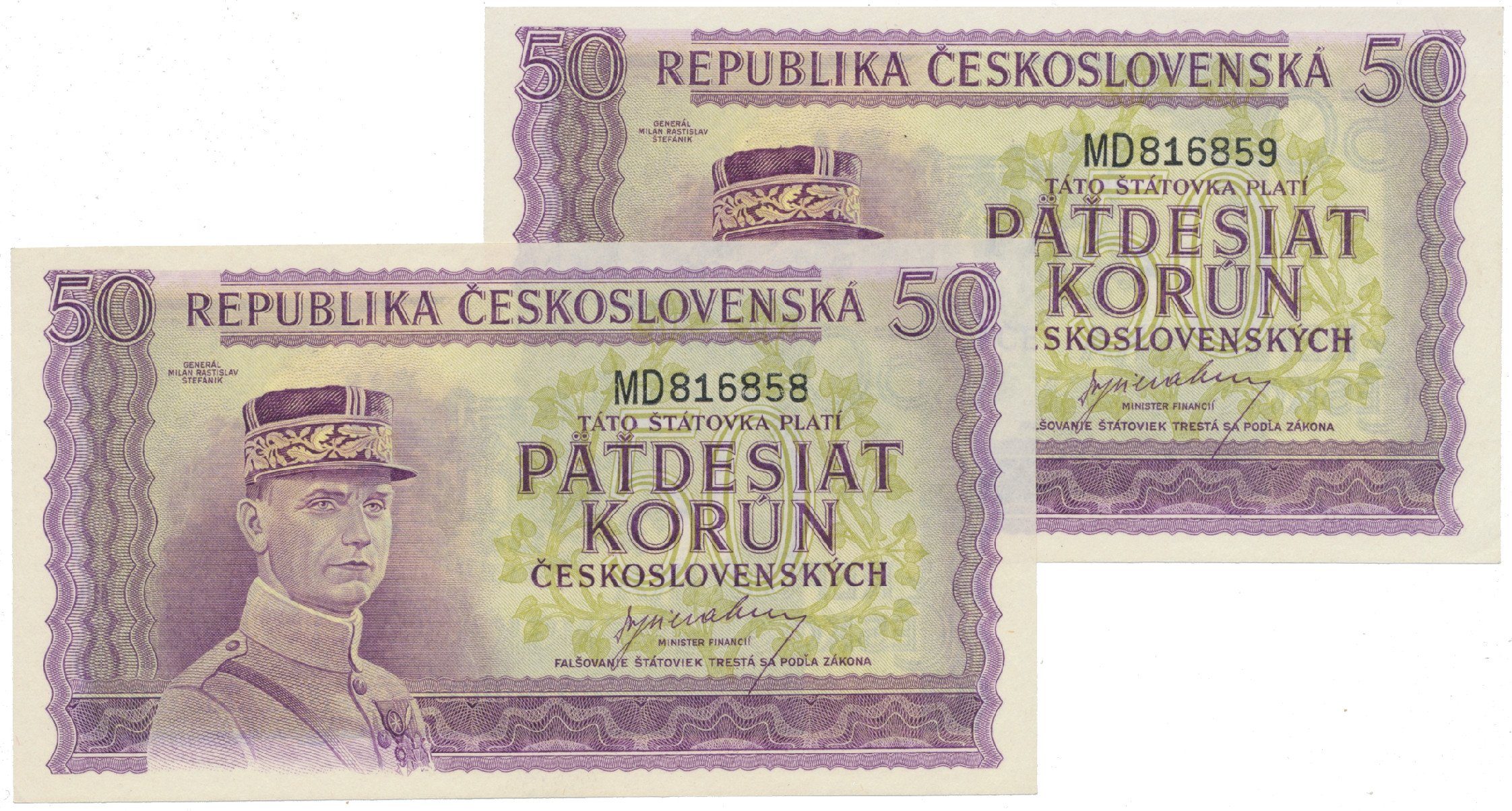 50 Koruna b.d. (1945), série MD, Hej.73a, 2 kusy